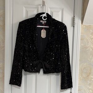 Nanette Elegant Black Sequin Jacket with Satin Bow Closure